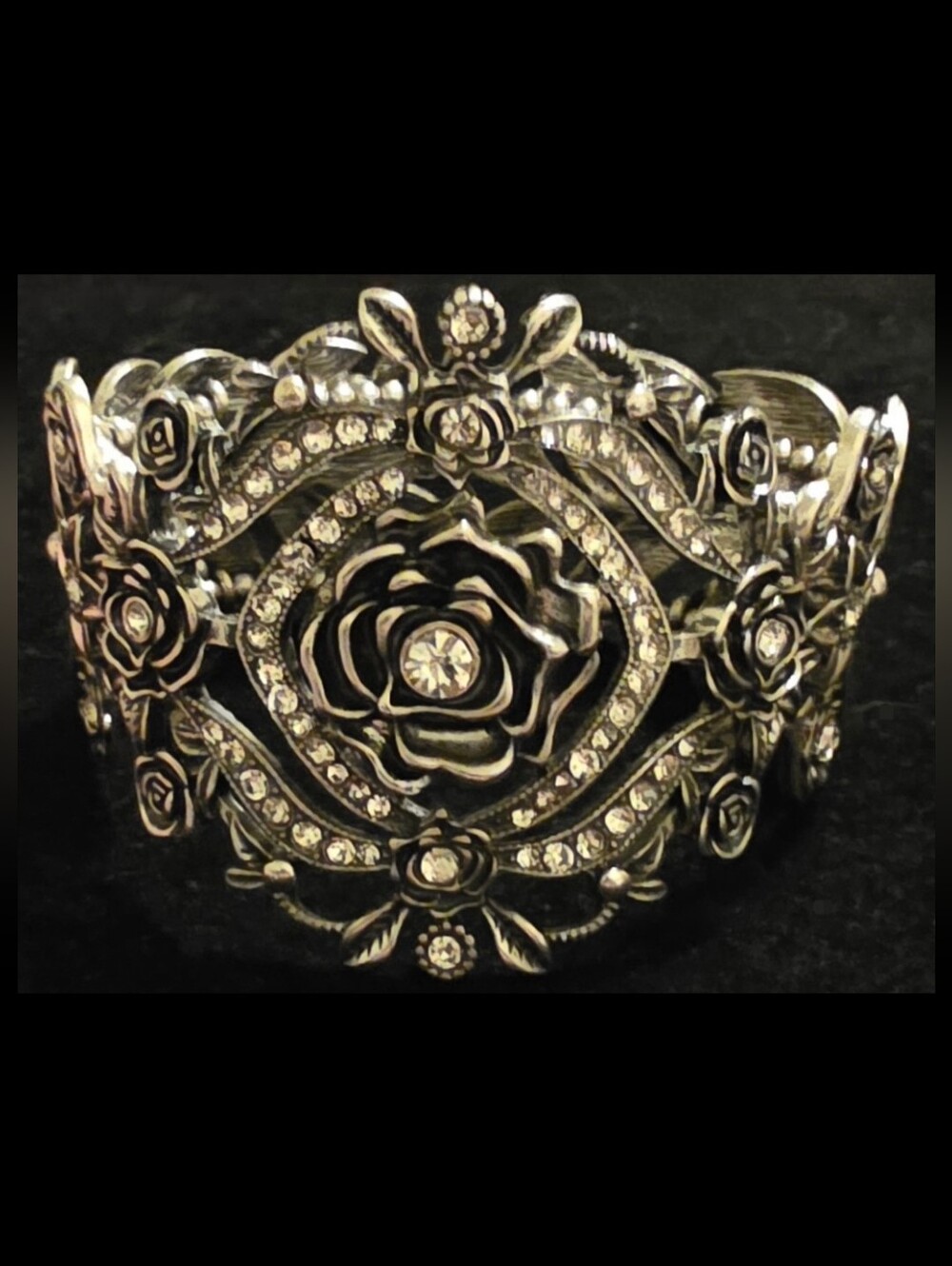 Elegant Silvertone Rose Crystal Statement Bracelet